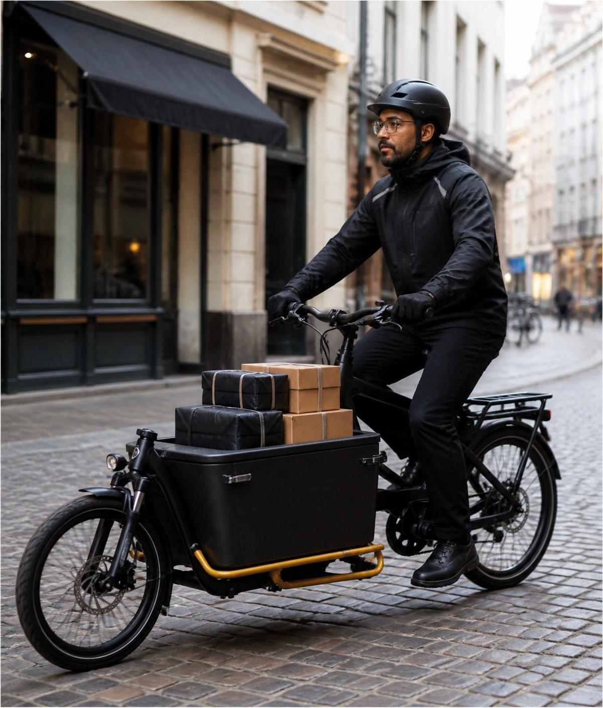 Livreur ATM EXPRESS en vélo cargo dans une rue urbaine
